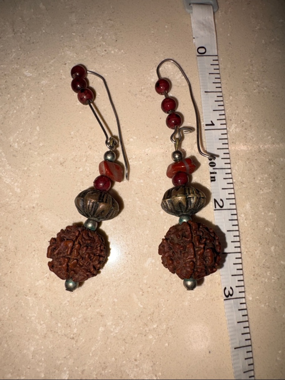 Boho Red Bead Drop Earrings - Natural Rudraksha Accent